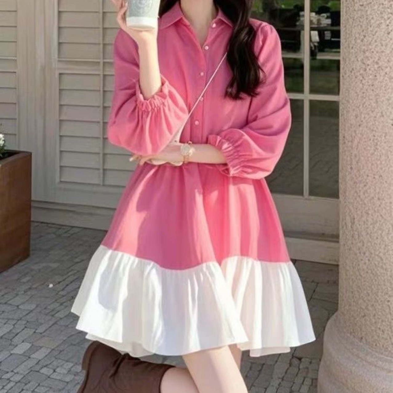 多巴胺獨特小香風減齡粉色拼接襯衫洋裝