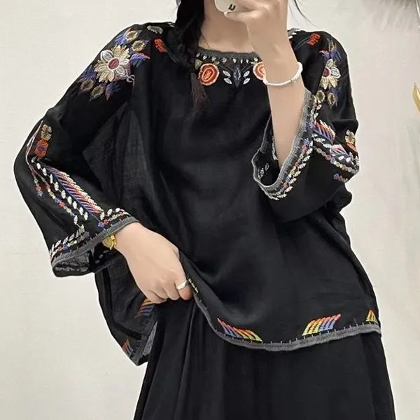 復古重工藝刺繡蝙蝠袖寬鬆七分短袖-lululam