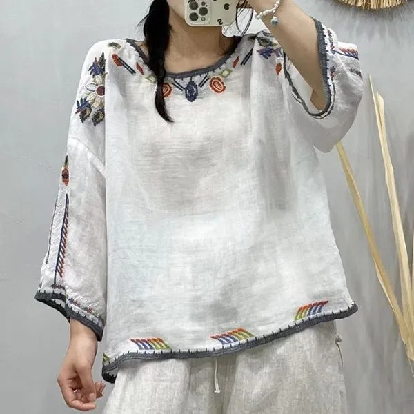 復古重工藝刺繡蝙蝠袖寬鬆七分短袖-lululam