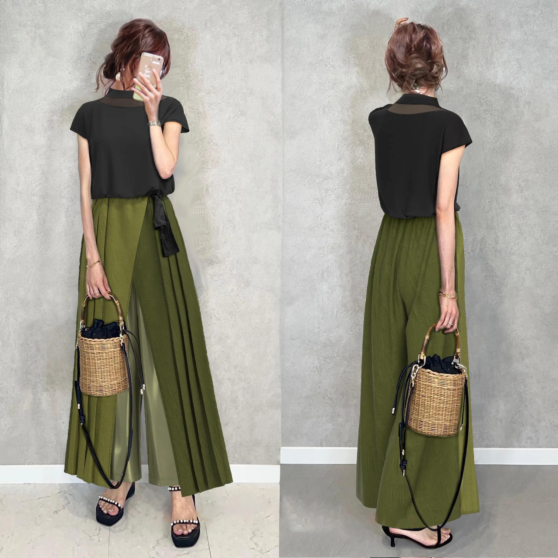 日韓休閒短袖時尚壓褶褲子兩件套裝-lululam