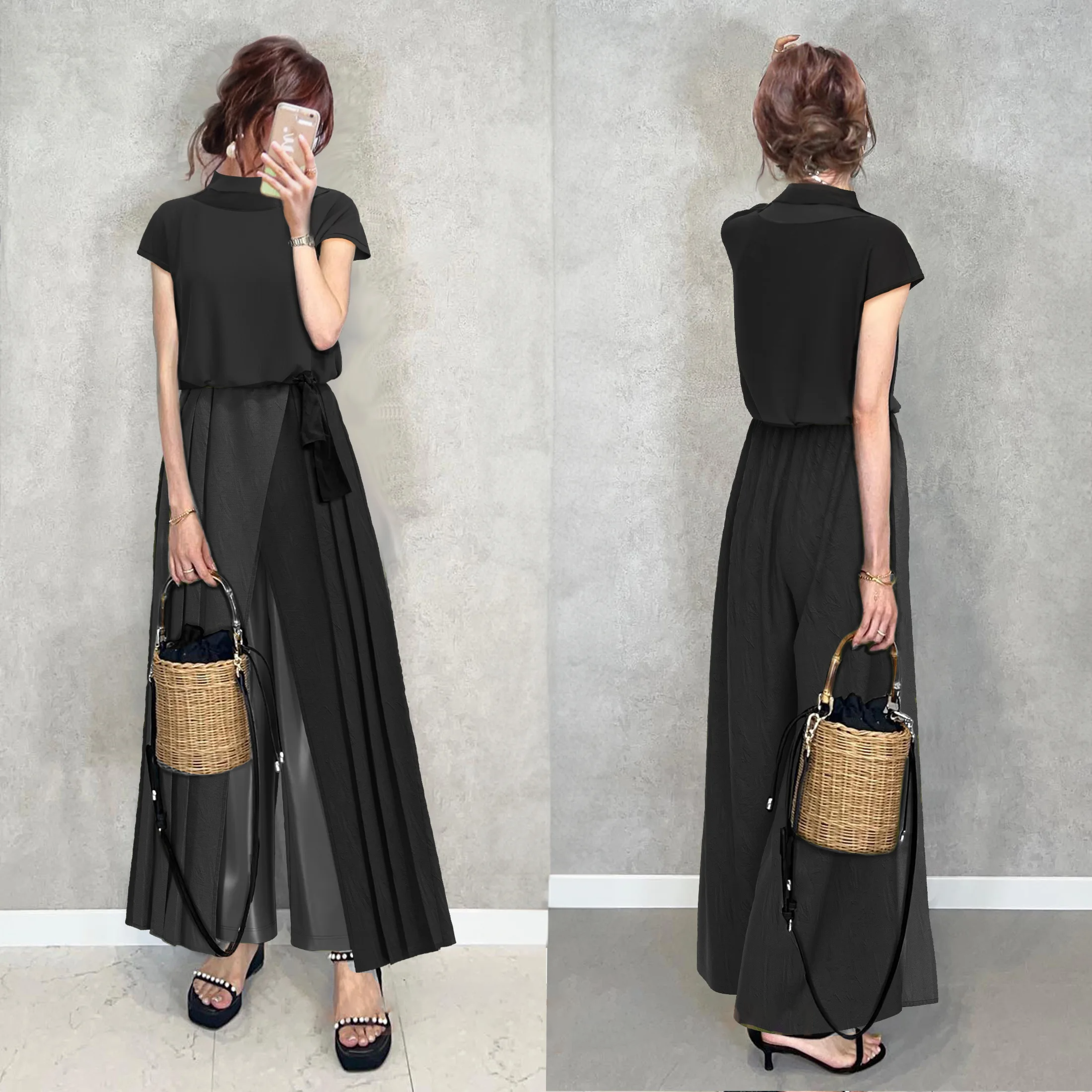 日韓休閒短袖時尚壓褶褲子兩件套裝-lululam