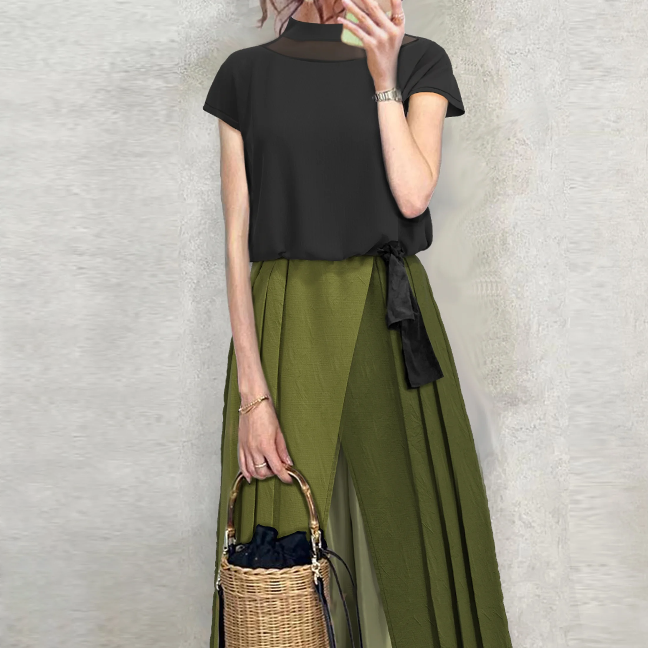 日韓休閒短袖時尚壓褶褲子兩件套裝-lululam