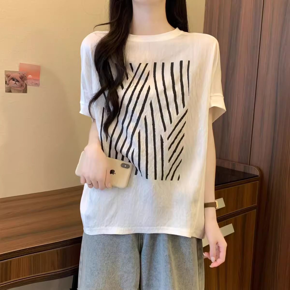 蝙蝠袖正肩顯瘦竹節冰絲印花短袖T恤-lululam