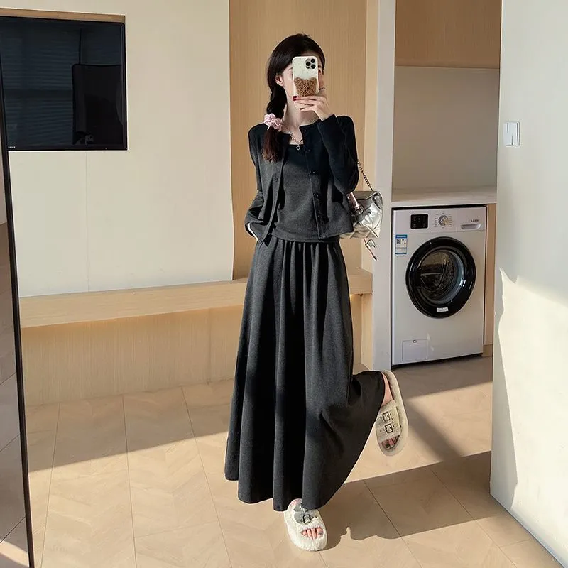 【單件/套裝】高級感韓系氣質針織開衫+吊帶+半身裙/褲子三件套-lululam