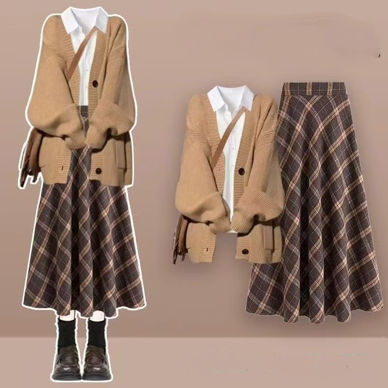 顯瘦寬鬆針織開衫襯衫內搭格子傘裙三件套裝-lululam