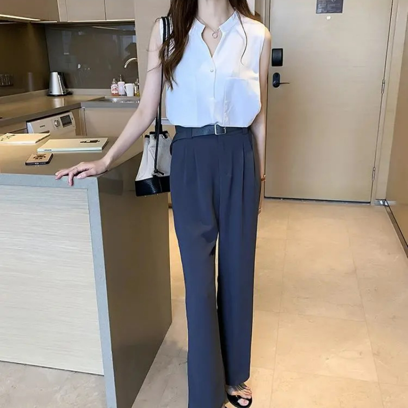 輕熟簡約氣質設計感小眾無袖雪紡襯衫-lululam