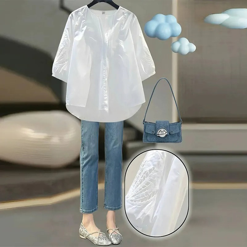 韓版純棉鏤空繡花清新寬鬆中袖襯衫-lululam