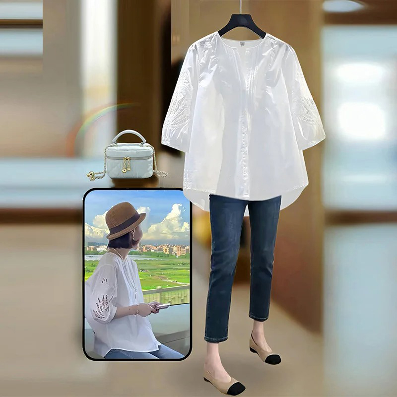 韓版純棉鏤空繡花清新寬鬆中袖襯衫-lululam