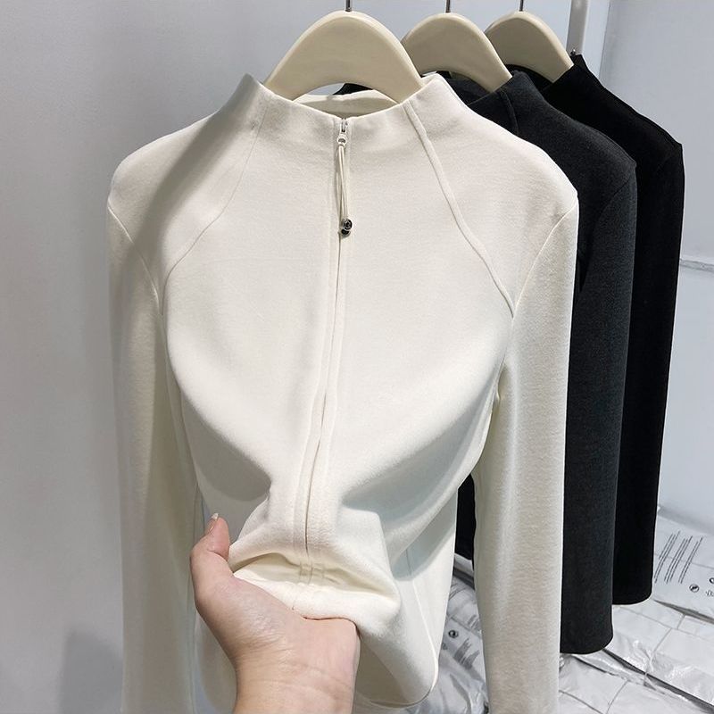 半高領德絨顯瘦修身拉鏈開衫外套