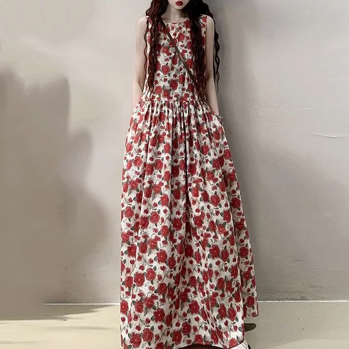 減齡元氣顯瘦紅色碎花無袖背心長洋裝-lululam