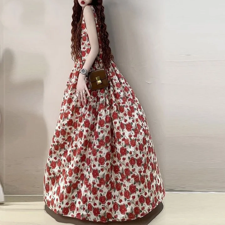 減齡元氣顯瘦紅色碎花無袖背心長洋裝-lululam