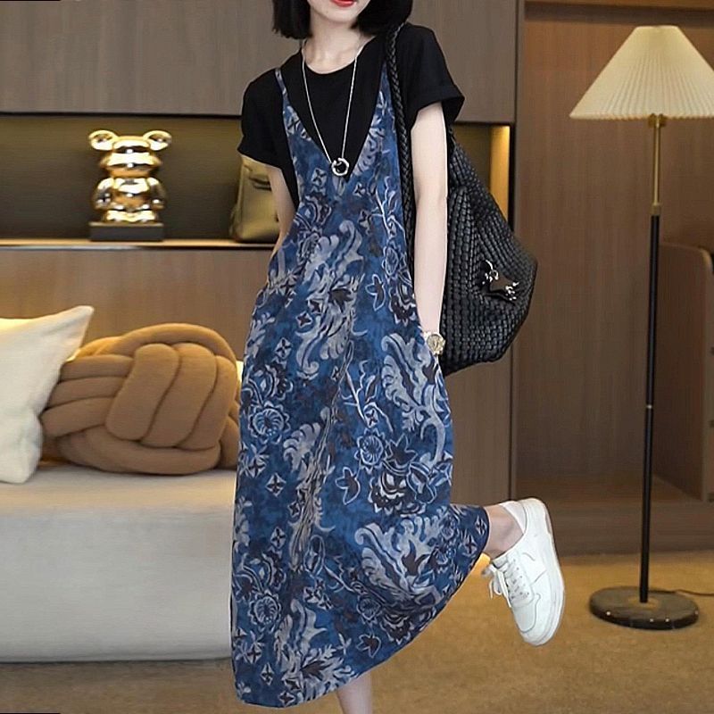 小香風有口袋吊帶假兩件大碼顯瘦過膝洋裝