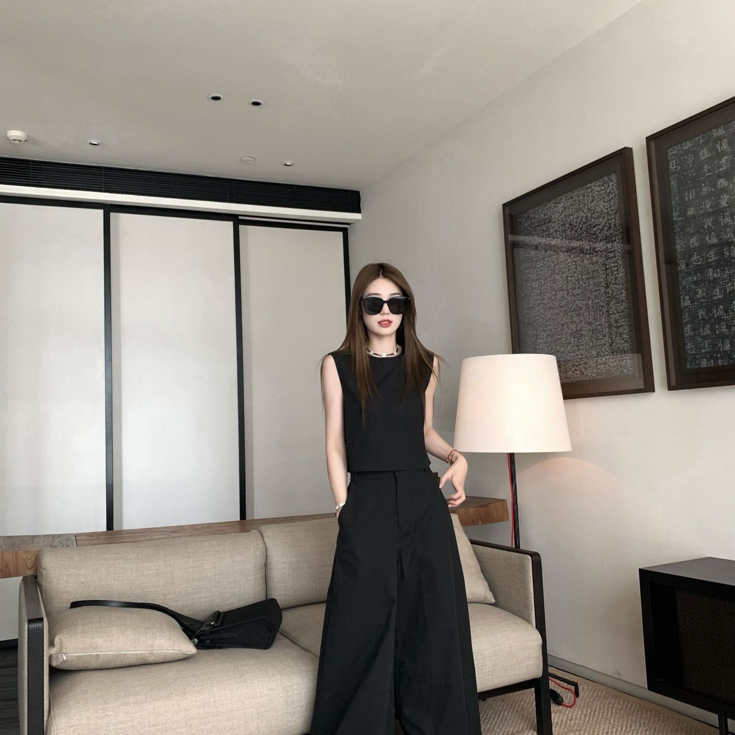 【單件/套裝】極簡設計兩穿無袖背心+寬鬆闊腿褲兩件套裝-lululam