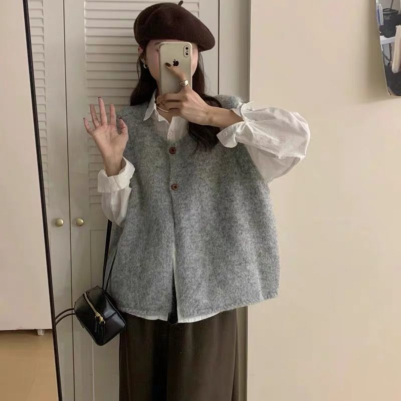 日系復古軟糯圓領坎肩針織馬甲開衫