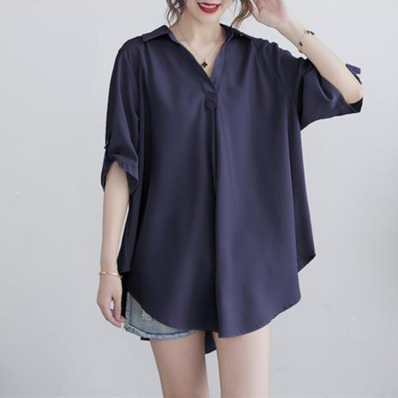 中長款大碼寬鬆收腰顯瘦短袖雪紡衫-lululam