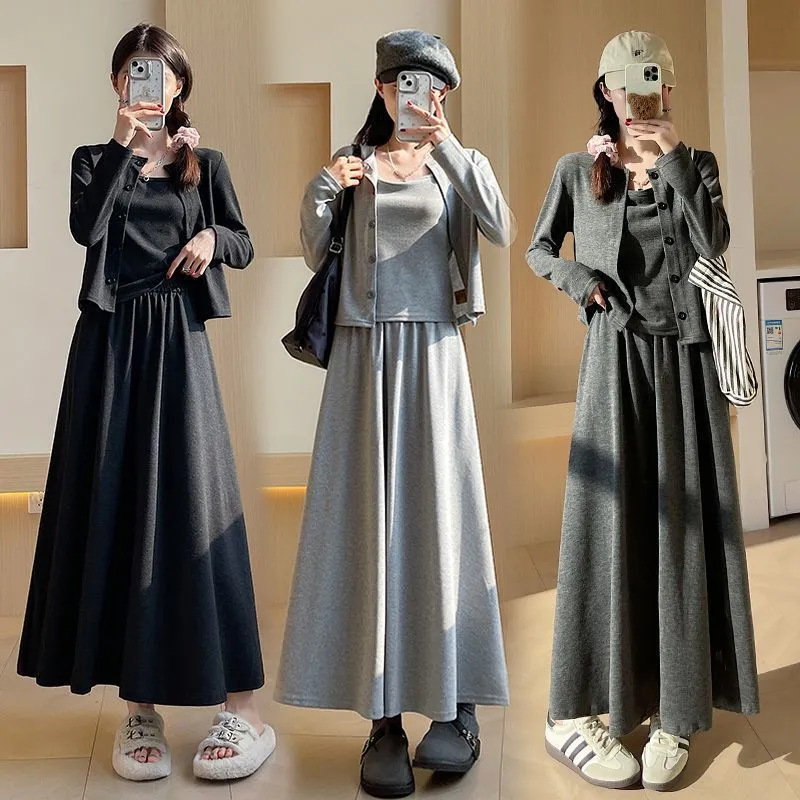 【單件/套裝】高級感韓系氣質針織開衫+吊帶+半身裙/褲子三件套-lululam