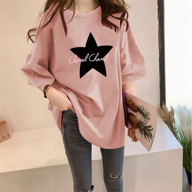 【全十色】中長款韓版寬鬆卡通印花短袖-lululam