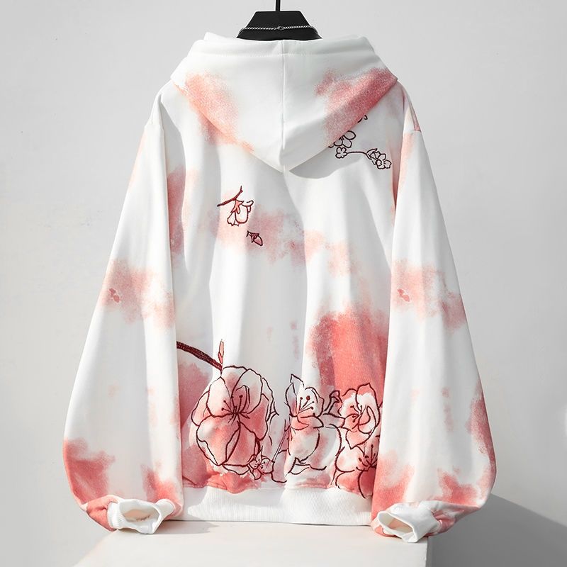 國潮漸變色櫻花刺繡連帽日系oversize帶帽衛衣-lululam