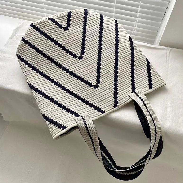 簡約條紋大容量通勤百搭時尚單肩編織腋下包-lululam