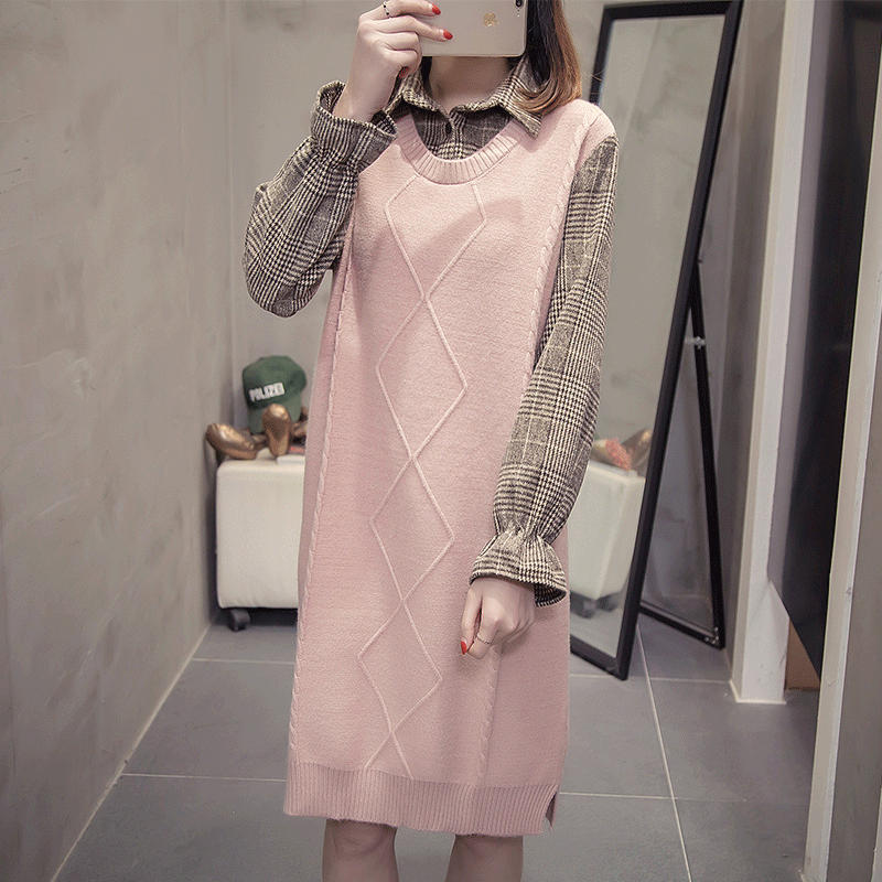 假兩件襯衫領針織拼接中長款洋裝-lululam