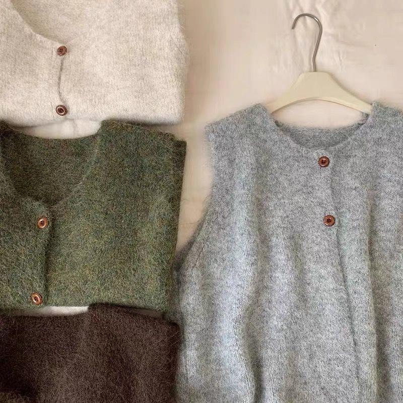 日系復古軟糯圓領坎肩針織馬甲開衫