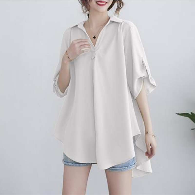 中長款大碼寬鬆收腰顯瘦短袖雪紡衫-lululam