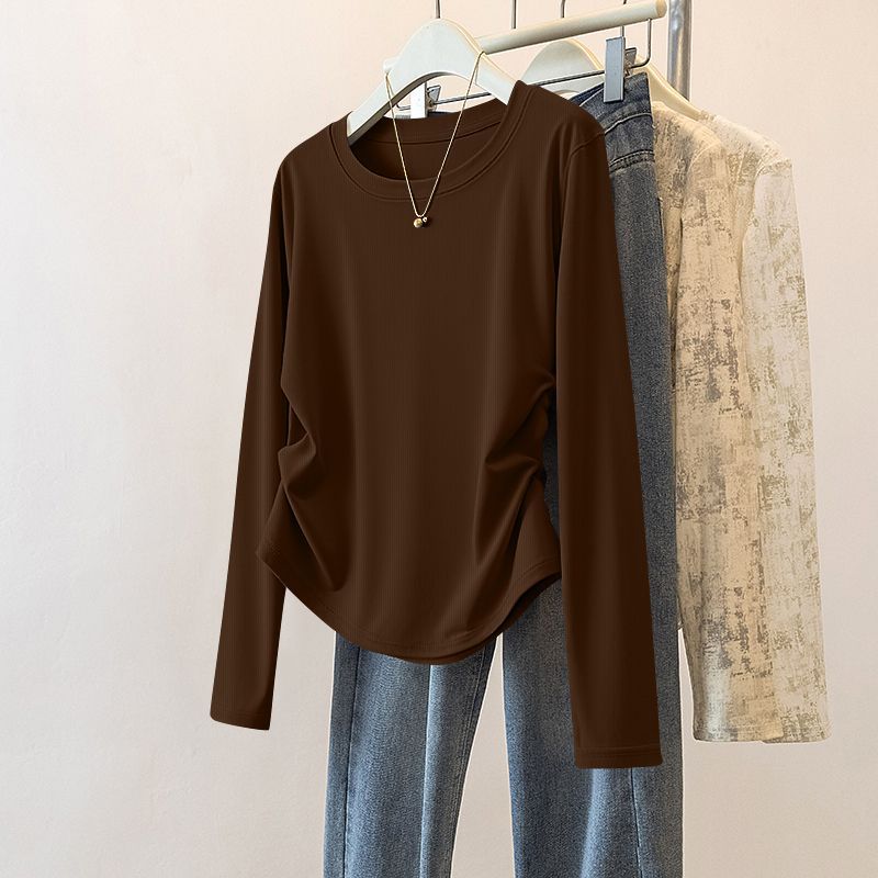 設計感褶皺收腰百搭修身圓領打底長袖T恤-lululam