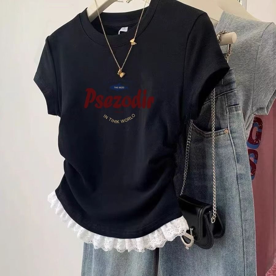 美式短款正肩蕾絲設計感褶皺收腰短袖t恤-lululam