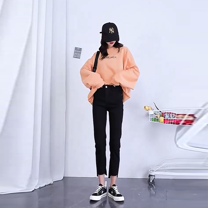 顯瘦高腰彈力緊身型破洞九分牛仔褲-lululam