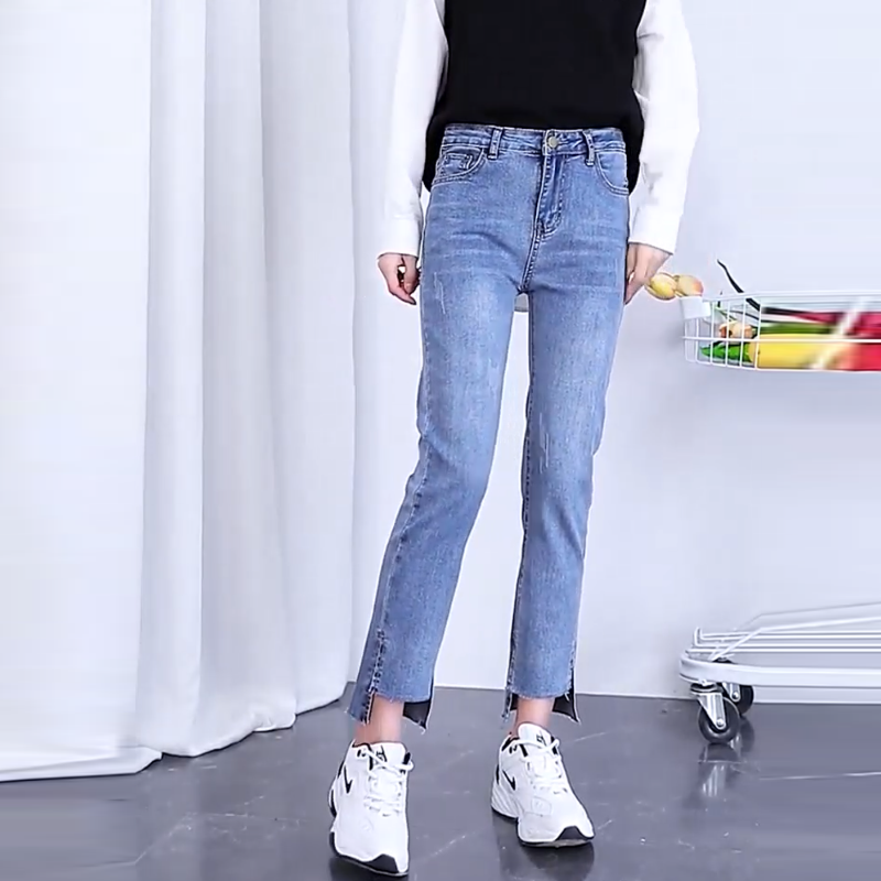 顯瘦高腰彈力緊身型破洞九分牛仔褲-lululam