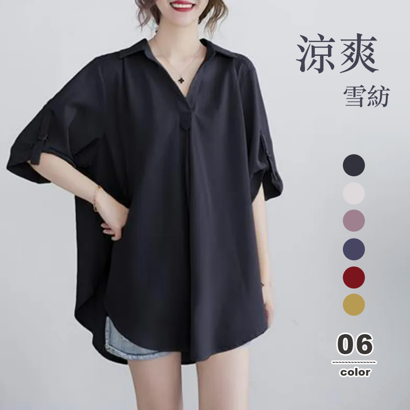 中長款大碼寬鬆收腰顯瘦短袖雪紡衫-lululam