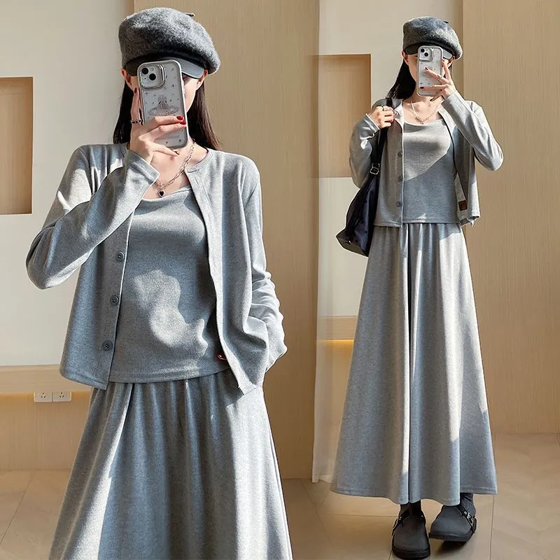 【單件/套裝】高級感韓系氣質針織開衫+吊帶+半身裙/褲子三件套-lululam