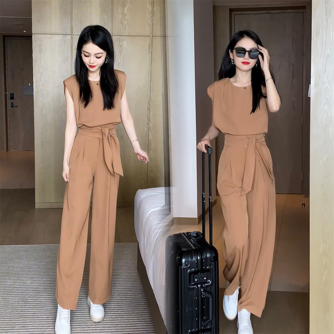 【整套】氣質減齡無袖上衣+垂感顯瘦闊腿褲兩件套