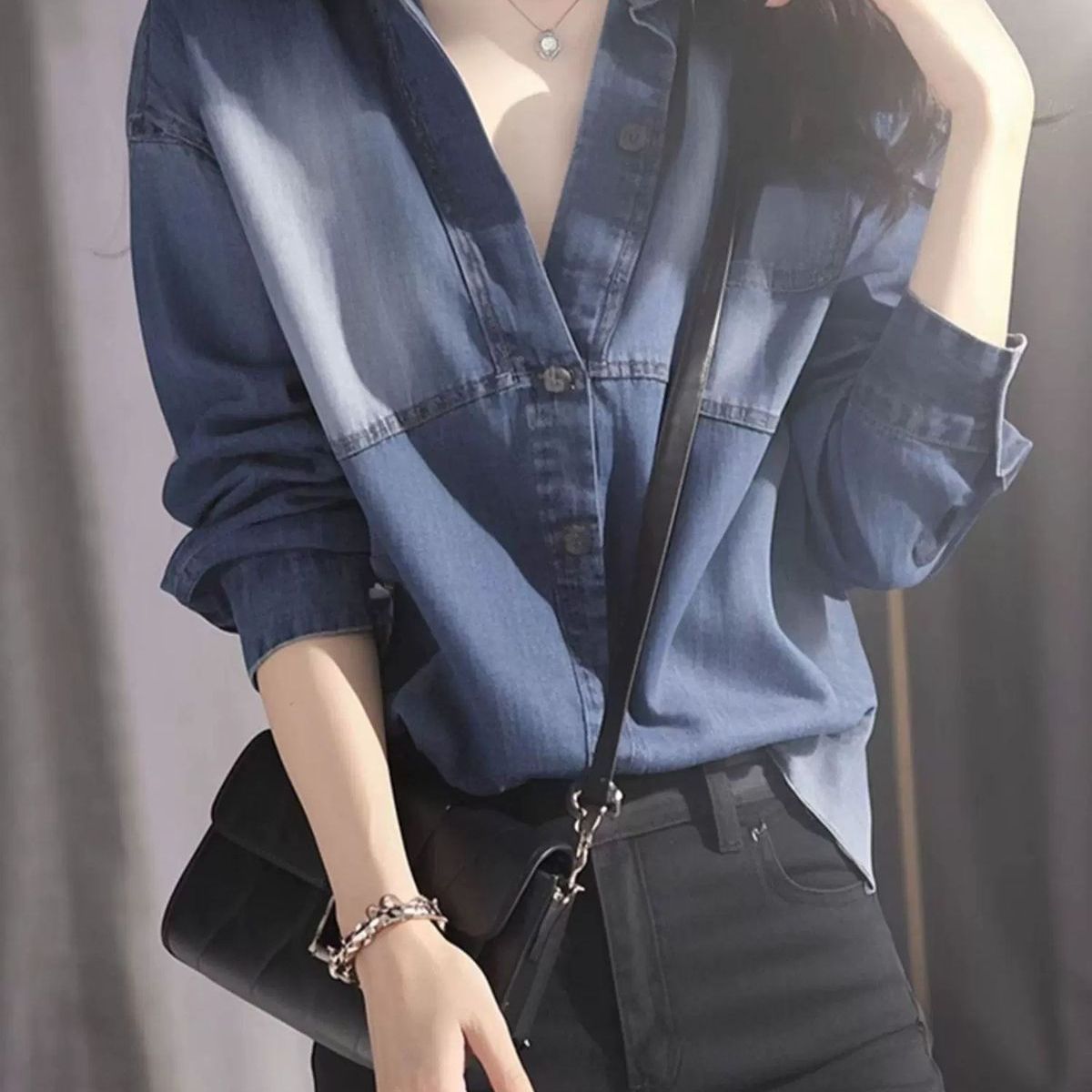 獨特別緻寬松顯瘦高級感長袖藍色牛仔襯衫-lululam