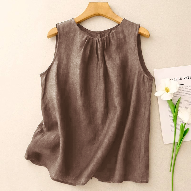 文藝風素色棉麻薄款寬鬆顯瘦無袖背心-lululam