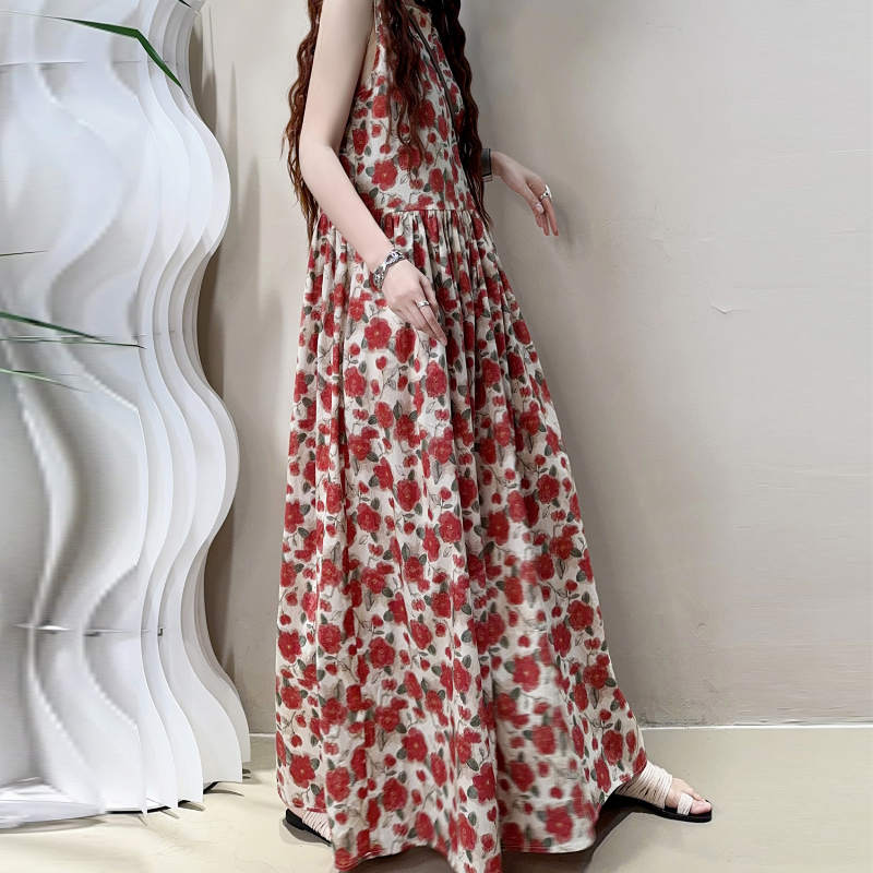 減齡元氣顯瘦紅色碎花無袖背心長洋裝-lululam
