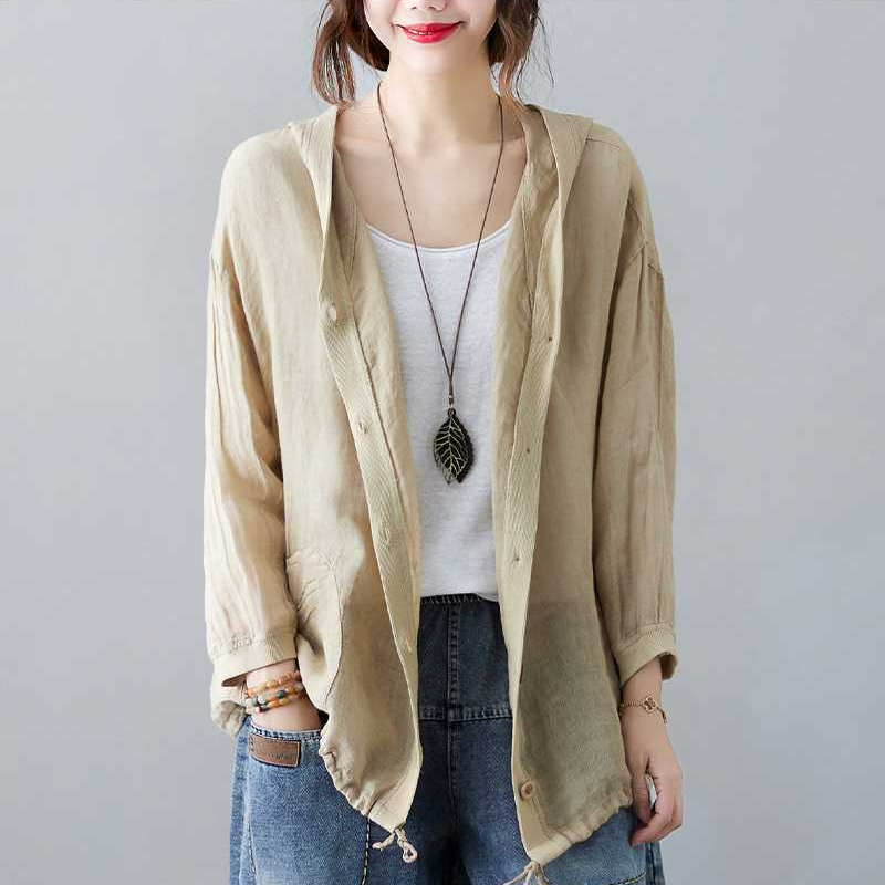 復古連帽棉麻寬鬆文藝防曬中長款空調開衫-lululam