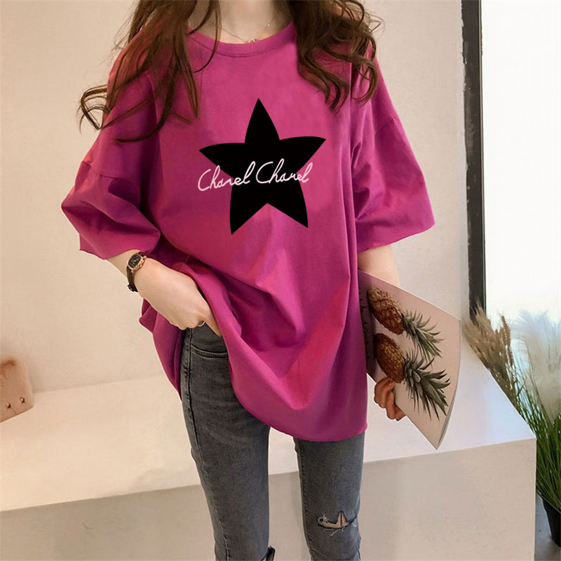 【全十色】中長款韓版寬鬆卡通印花短袖-lululam