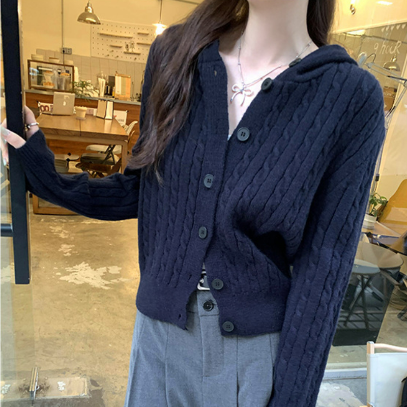 設計感顯瘦氣質百搭連帽長袖針織開衫