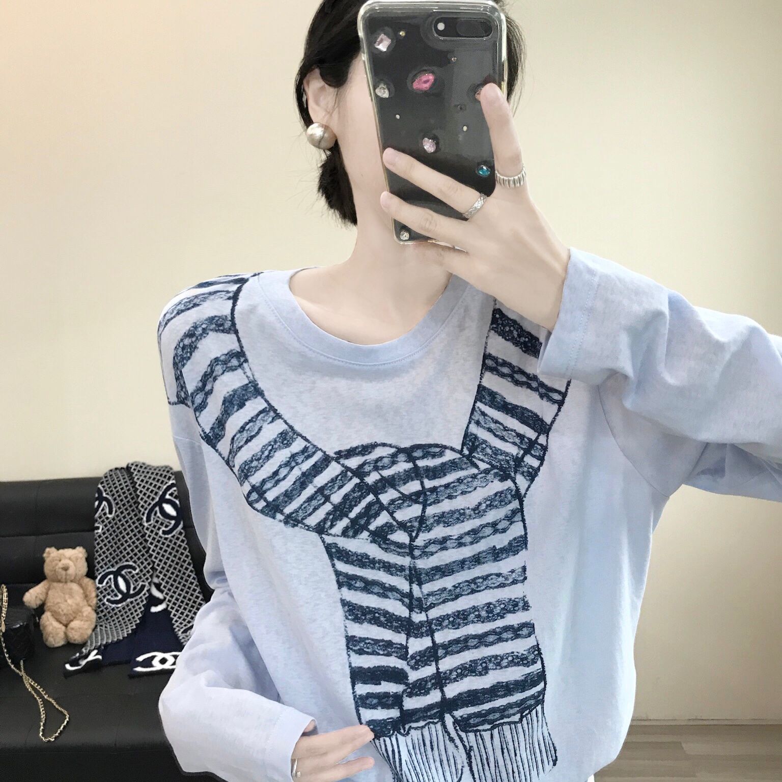 薄款寬鬆休閒百搭圍巾印花圓領長袖T恤