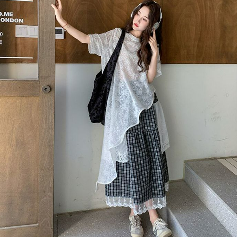 【單件/套裝】高級設計感蕾絲衫+黑白格半身裙兩件套裝-lululam