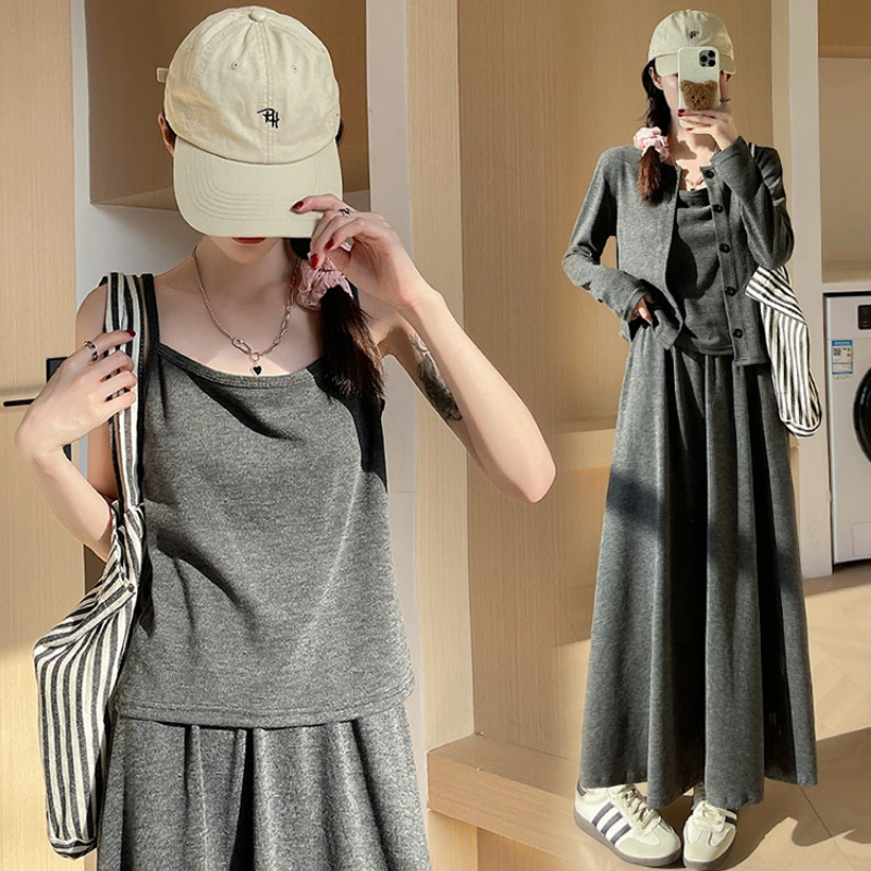 【單件/套裝】高級感韓系氣質針織開衫+吊帶+半身裙/褲子三件套-lululam