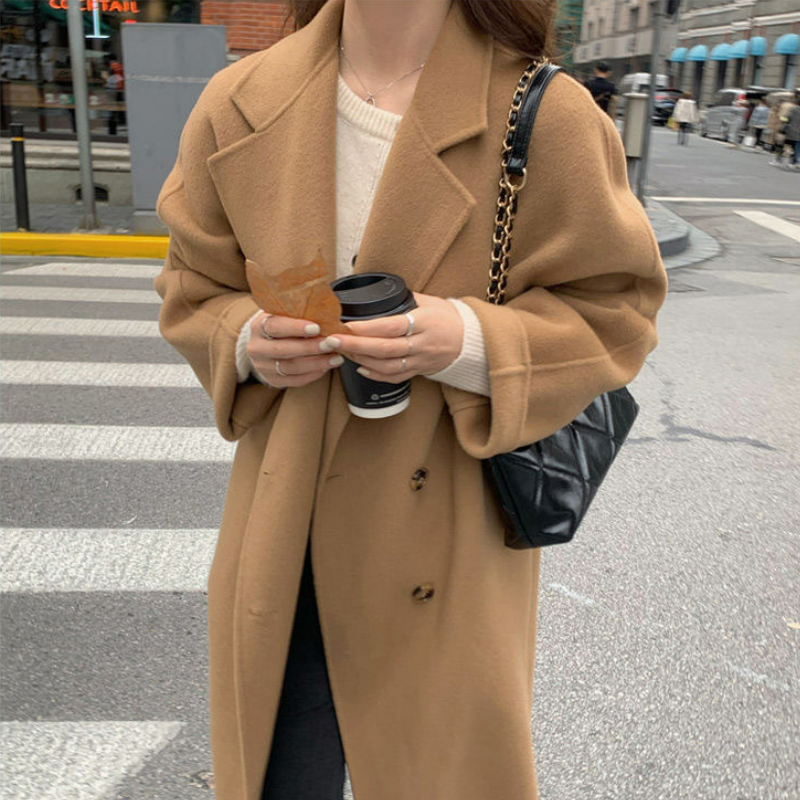 韓系中長版寬鬆高級感雙排扣仿毛呢外套
