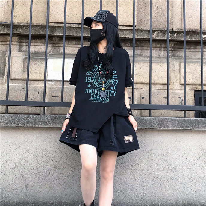 復古時尚百搭不規則寬鬆印花休閒短袖-lululam