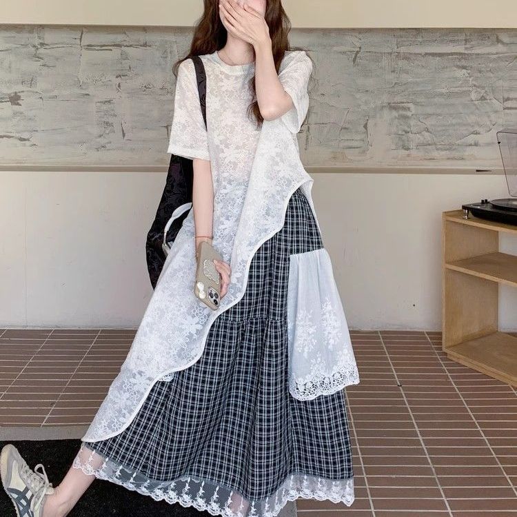 【單件/套裝】高級設計感蕾絲衫+黑白格半身裙兩件套裝-lululam