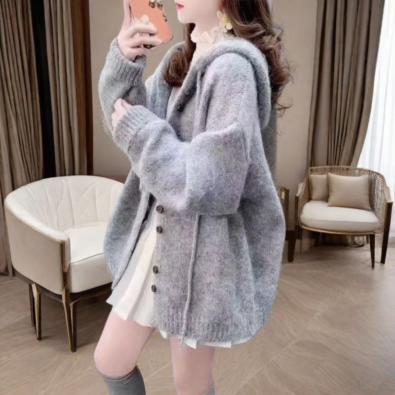 慵懶風百搭韓版寬鬆連帽針織開衫