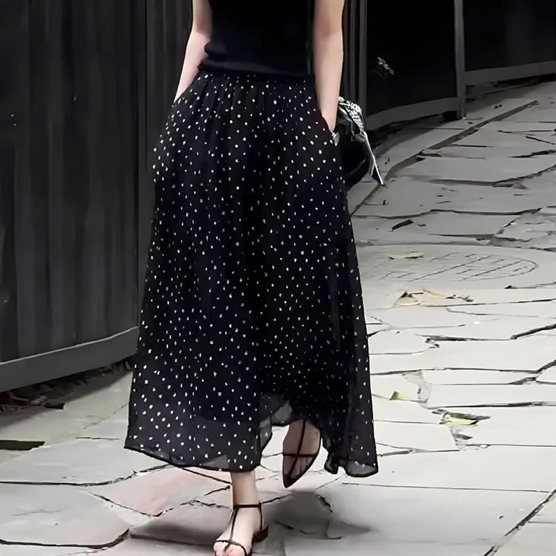 法式波點氣質時尚大擺a字半身裙-lululam
