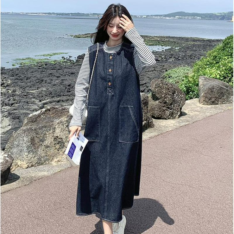 【單件/套裝】韓系條紋顯瘦上衣+復古牛仔背心洋裝兩件套-lululam