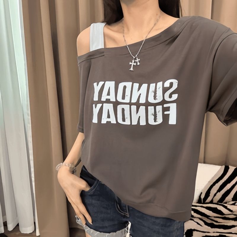 韓版時尚寬鬆顯瘦斜肩吊帶撞色字母短袖T桖-lululam