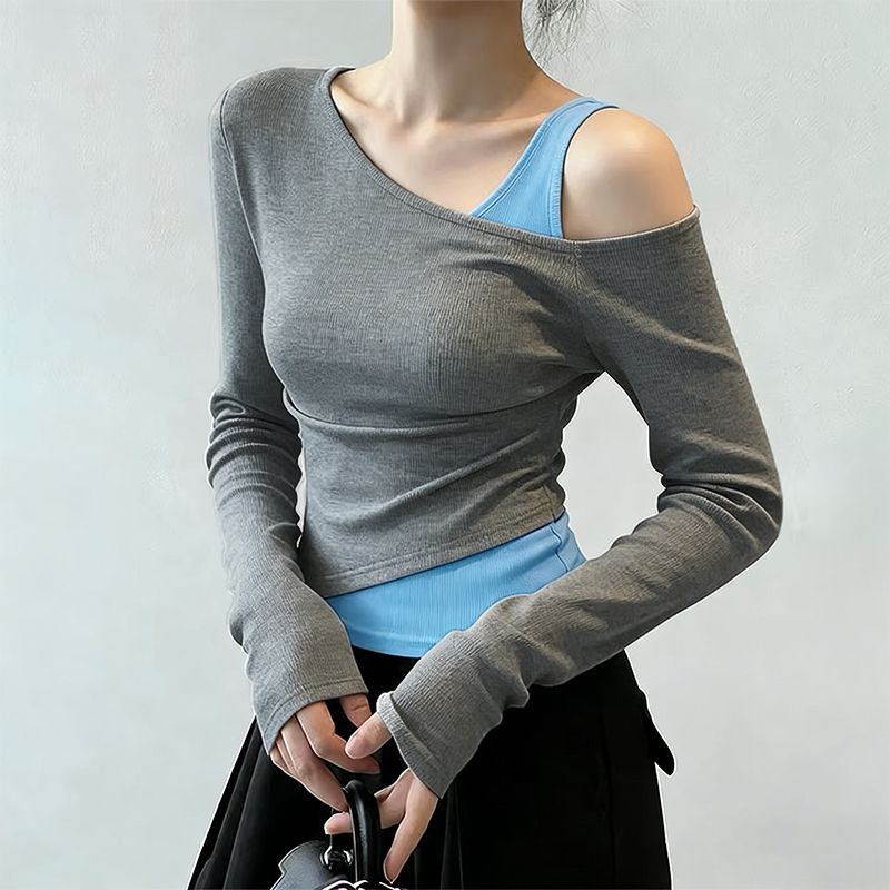 斜肩假兩件修身顯瘦拼色氣質休閒T恤